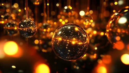 Suspended reflective spheres with golden light bokeh field.