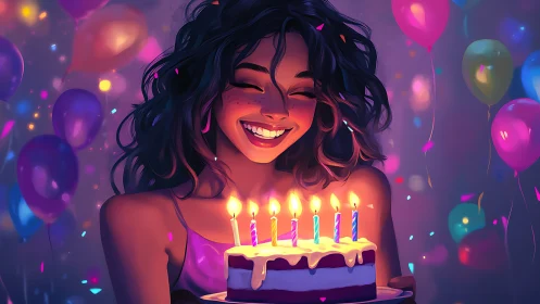 Joyful Birthday Celebration with Luminous Cake and Balloons.