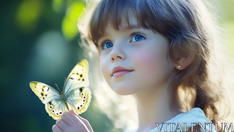 Young girl gazes at a delicate yellow butterfly in golden light.
