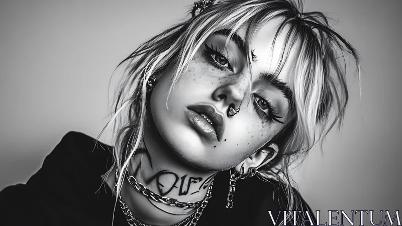 Edgy monochrome portrait of pierced, tattooed youth.