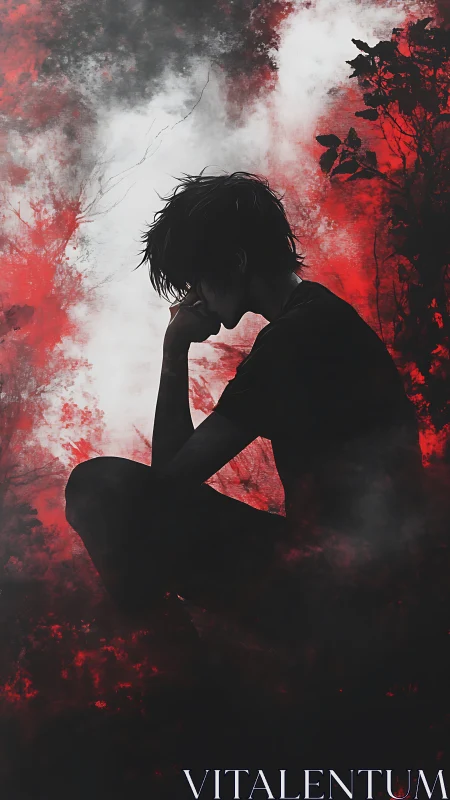 Silhouette of pensive person against red stormy sky.