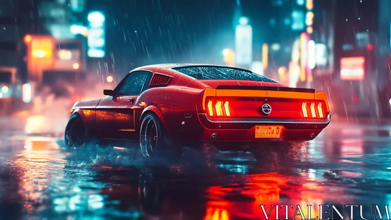 Red muscle car drives through neon city streets in rain