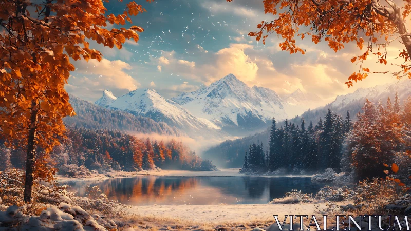 Digital painting of alpine lake with autumn snow framing.