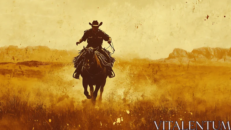 Dust‑crowned cowboy thundering across a painted frontier.