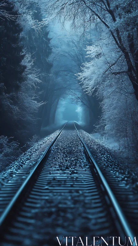 Winter railway path leading into a soft blue forest hush.