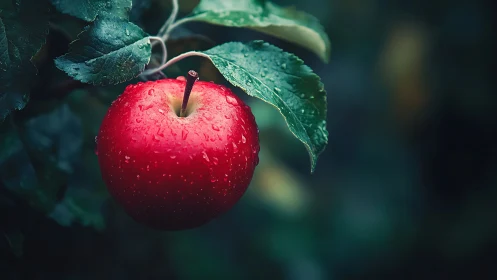 Ripe red apple hangs with water droplets against dark foliage