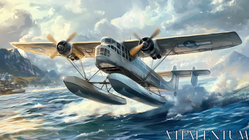 Twin‑engine WWII seaplane performing dynamic water takeoff