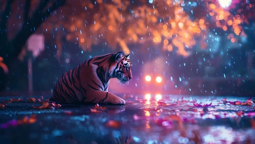 Neon lit tiger resting on rain soaked urban street at night.
