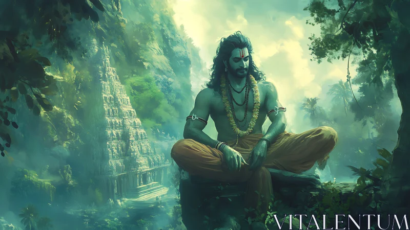 Forest sage in serene meditation beside hidden temple.