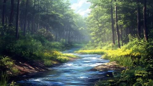 Sunlit Forest Stream Beckons You Into Nature's Embrace.