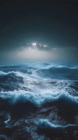 Storm-tossed ocean waves under low-key dramatic cloud break
