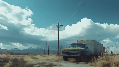 Desert highway truck and trailer under expansive storm clouds.