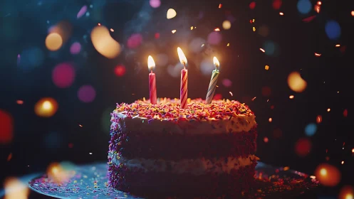 Birthday cake with three lit candles against bokeh backdrop.