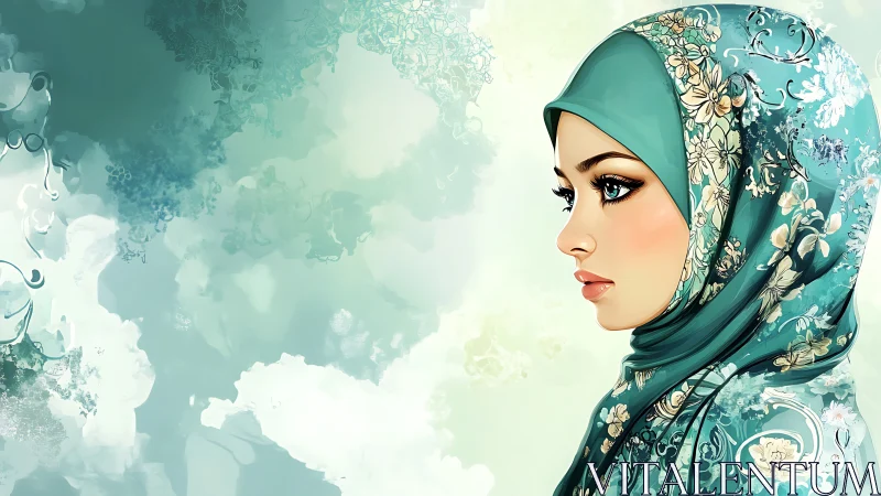 Elegant woman in floral teal hijab, digital art portrait style.