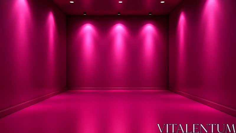 Magenta exhibition room with symmetric spotlights and glossy floor