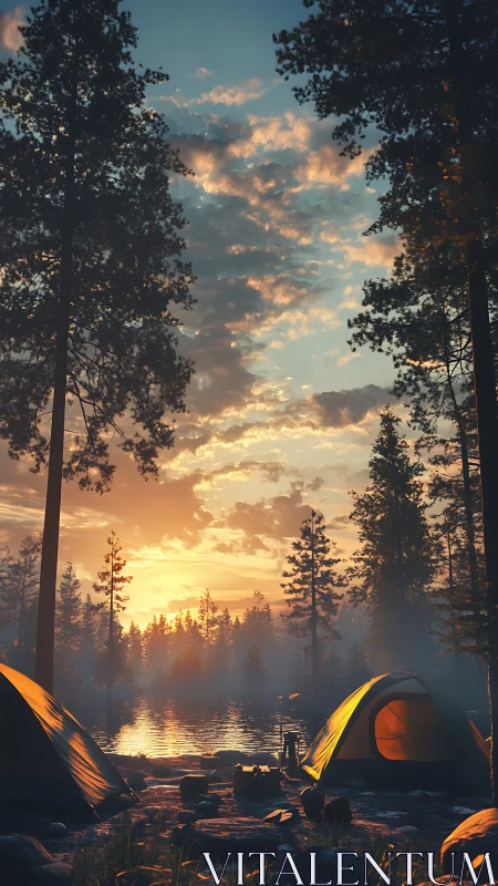 Cozy forest campsite glowing softly in a golden sunrise.