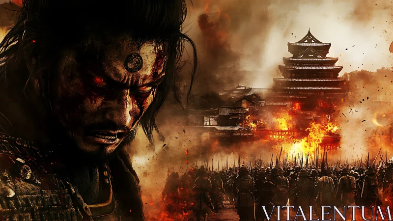 Battle-scarred samurai leader before burning Japanese castle.