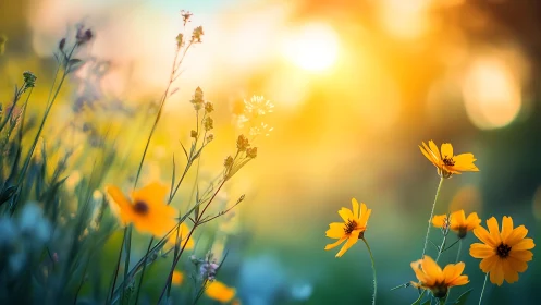 Golden Meadow Wildflowers Bathed in Warm Sunlight.