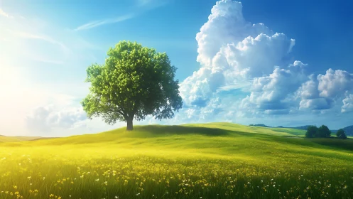 Solitary oak dominates sunlit meadow under sculpted cumulus