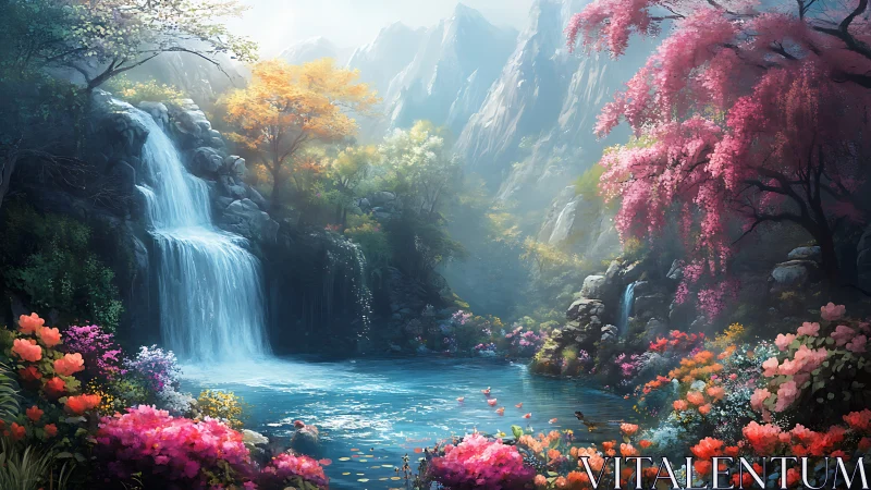 Blossom-draped waterfall sanctuary in a dreamlit valley.