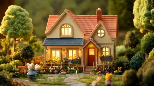 Cozy storybook cottage glowing in a tiny garden village.