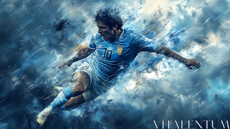 Dynamic blue soccer striker in explosive motion blur storm.