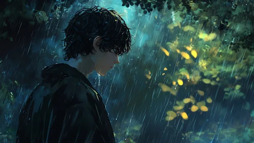 Side profile of youth in forest rain with blurred foliage.