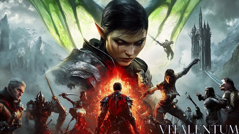 Winged horned sorceress over fantasy battlefield confrontation.