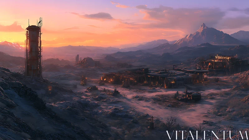 Industrial outpost in arid valley under low sunset light.