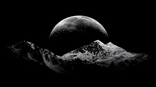 Moonrise over monochrome mountain ridge in deep shadow.