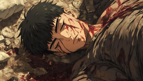 Bloodied anime soldier lying on rubble in harsh daylight.