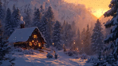 Snowy forest cabin glowing under golden winter sunset.