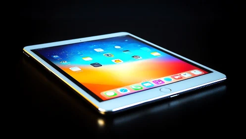 Light blue iPad tablet displaying colorful gradient home screen interface.