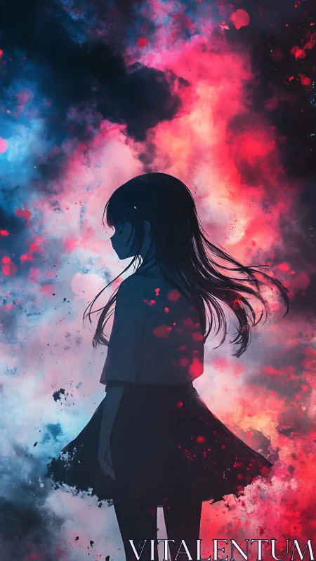Silhouetted anime girl stands amid vibrant cosmic clouds.