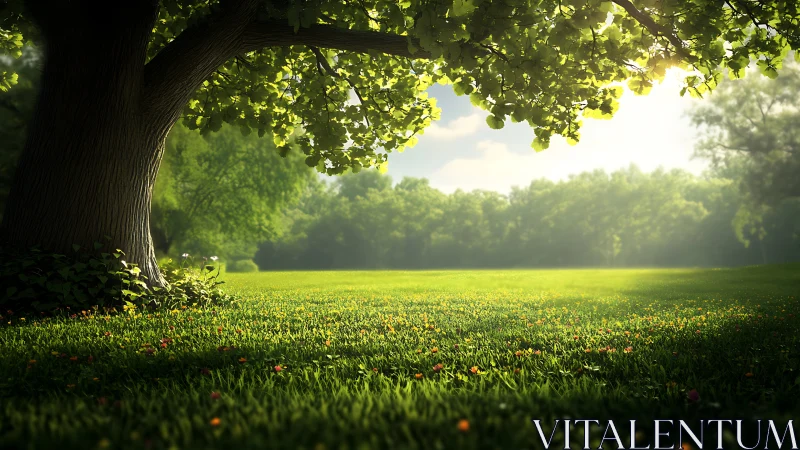 Sunlit park meadow unfolds beneath a broad leafy tree.