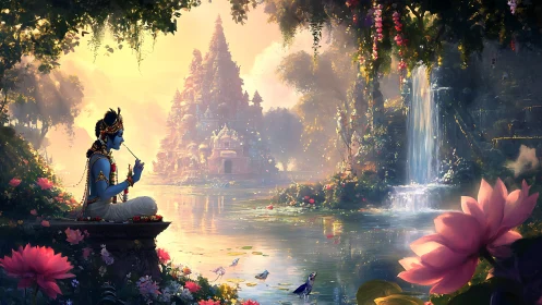 Divine blue figure meditating by lotus pond, temple and waterfall