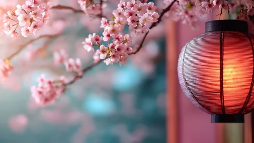 Cherry blossoms with glowing red lantern at dusk.