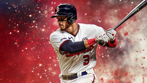 Baseball batter in white uniform swings in red backdrop.