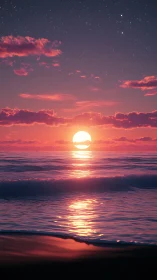 Digital sunset seascape with reflective gradient lighting design.