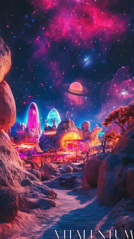 Futuristic canyon settlement is shown under saturated nebula sky