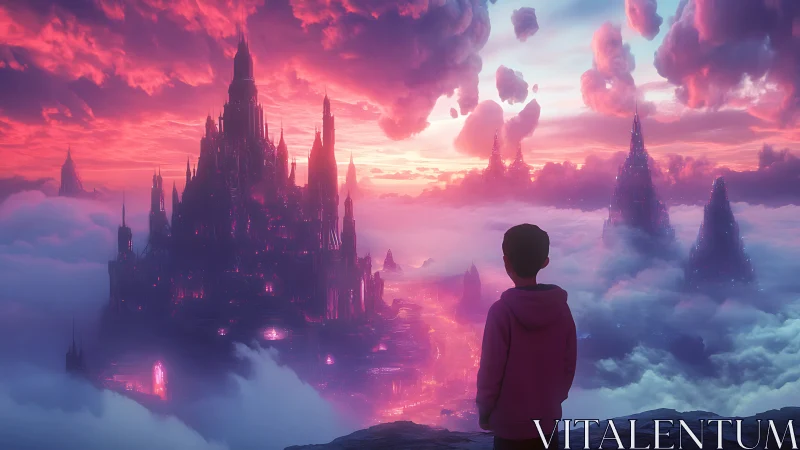 Backlit child observes neon-lit floating citadel in volumetric clouds