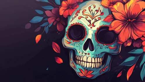 Floral sugar skull illustration with high-contrast vector shading and color gradients