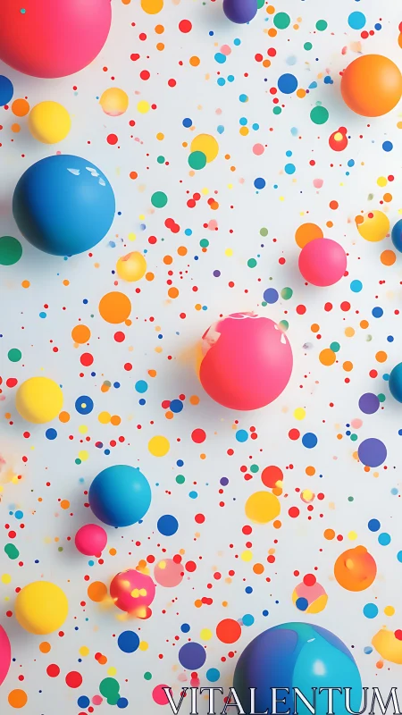 Vibrant 3D spheres scatter across high-key confetti field.
