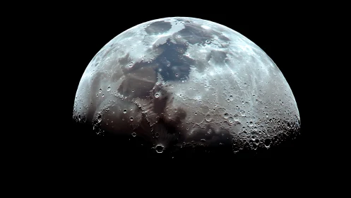 Lunar surface detail on illuminated hemisphere in space.
