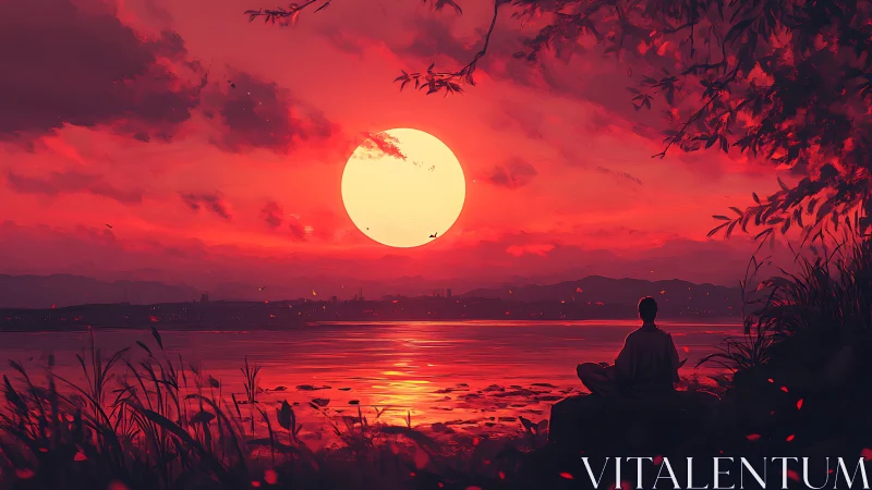 Peaceful sunset meditation beside a glowing red horizon.