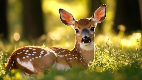 Backlit fawn in sunlit meadow rendered with photoreal depth