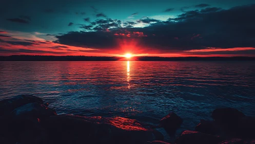 Crimson horizon sunset over tranquil rocky shoreline seascape.