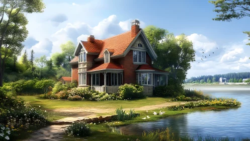 Lakeside brick cottage rendered in luminous digital painting