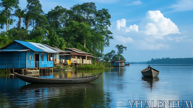 Riverside stilt houses and wooden boats in calm daylight.