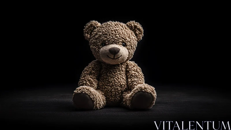 Soft brown teddy bear resting in a cozy spotlight glow.
